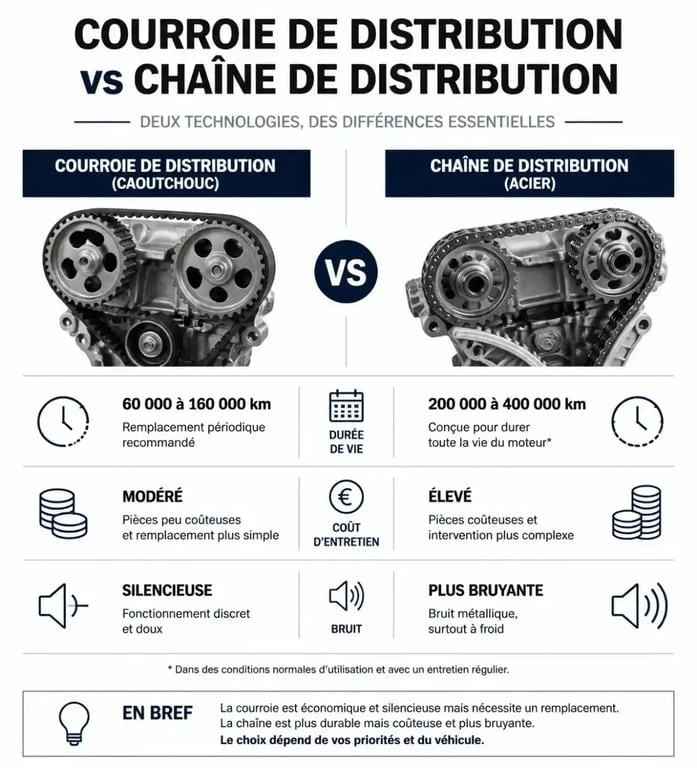 Comparatif technique entre chaîne et courroie de distribution pour l'entretien automobile