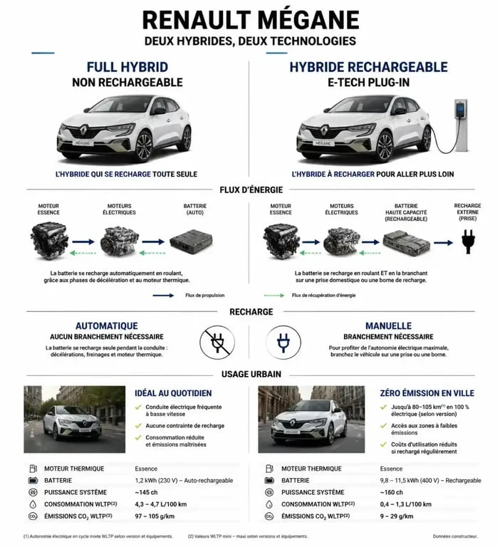 Comparatif technique Mégane hybride non rechargeable vs hybride rechargeable