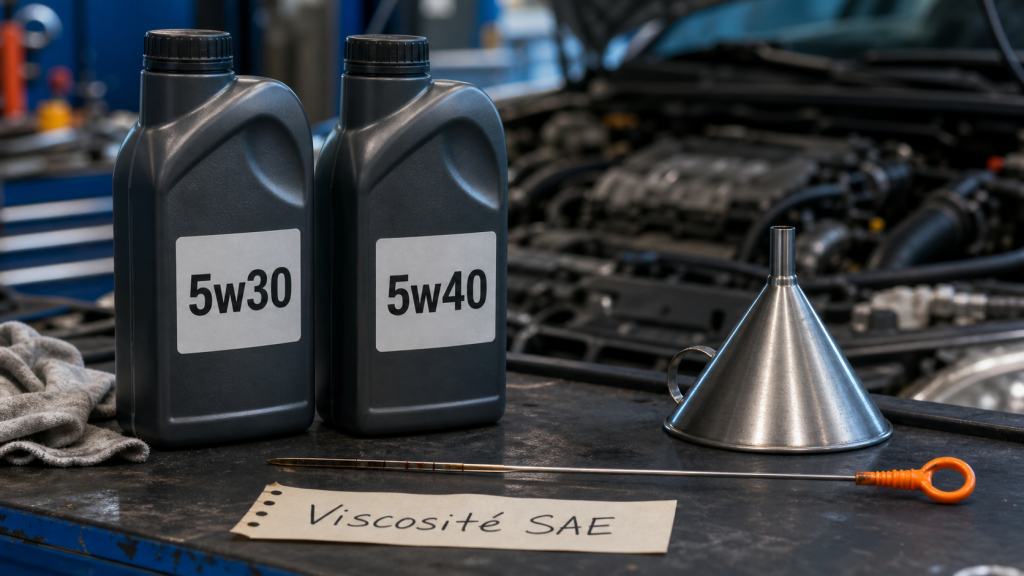 Bidons huile 5w30 ou 5w40 en atelier, moteur en arrière-plan