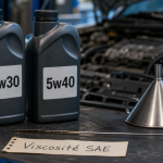 Bidons huile 5w30 ou 5w40 en atelier, moteur en arrière-plan