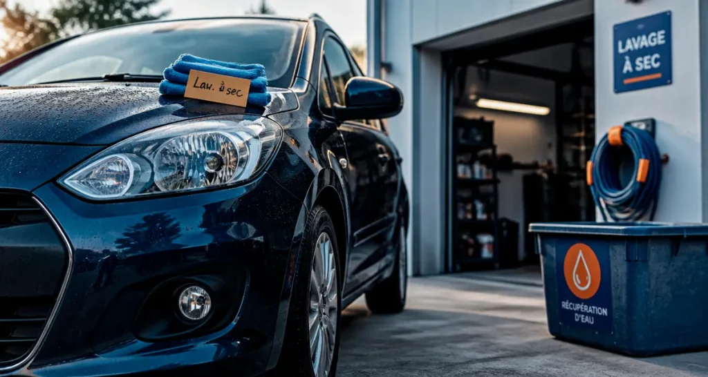 Interdiction de laver sa voiture chez soi : voiture et microfibres, bac vide, pas de lavage au jet.