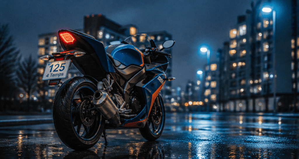 moto 4 temps 125 stationnée en ville