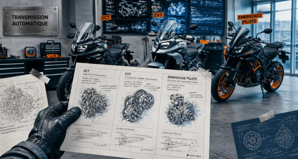 Motos automatiques DCT CVT E-Clutch alignées en atelier