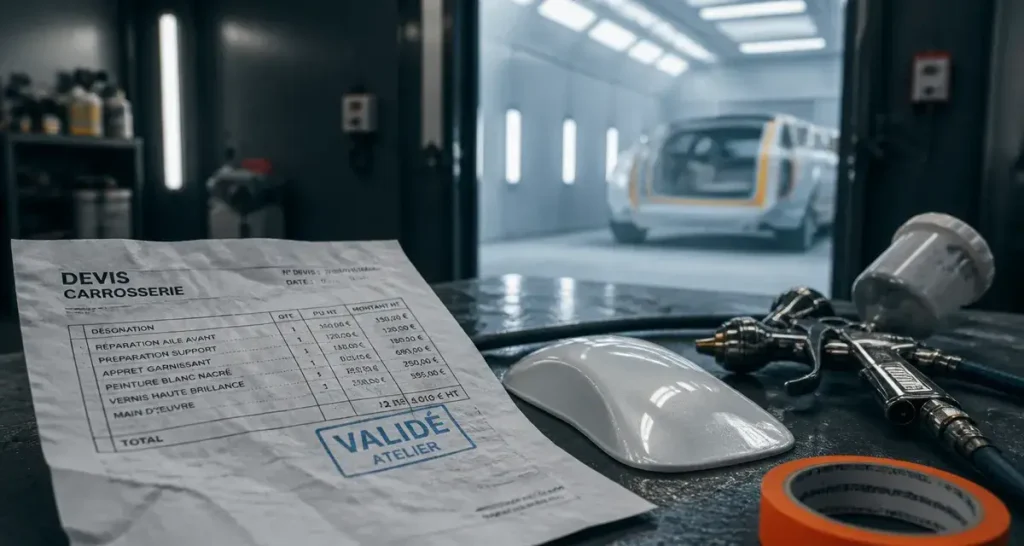 Carrossier au black prix : devis, peinture et pistolet sur plan de travail