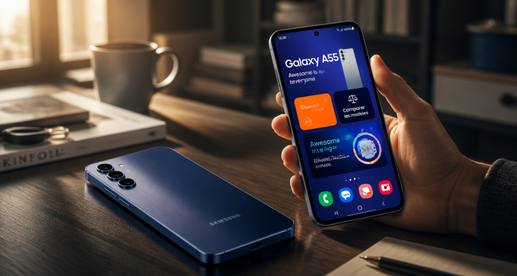 Samsung Galaxy A55 avis, smartphone bleu nuit sur table