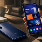 Samsung Galaxy A55 avis, smartphone bleu nuit sur table