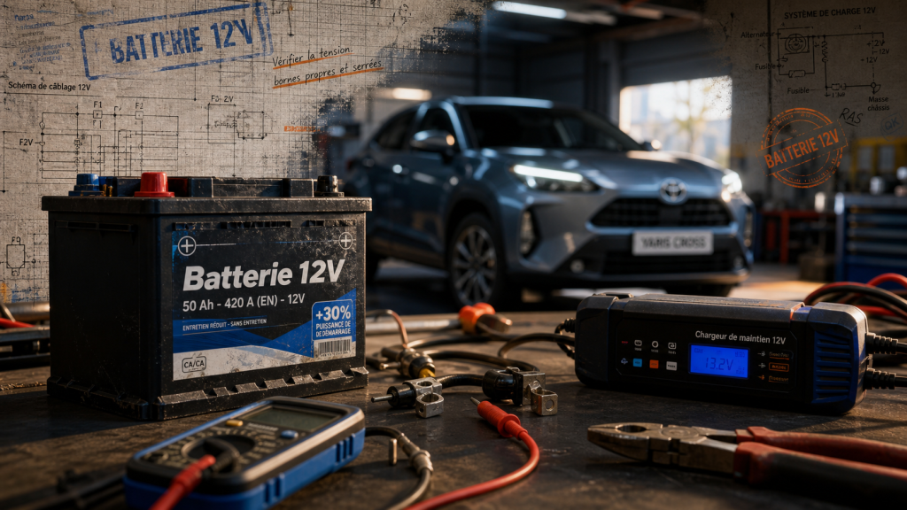 Yaris Cross problème : batterie 12V et multimètre en atelier
