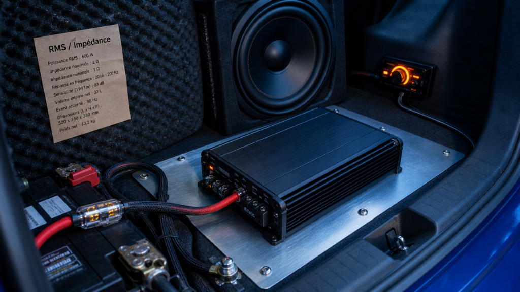 Ampli pour caisson de basse voiture classe D, RMS, réglages et câblage