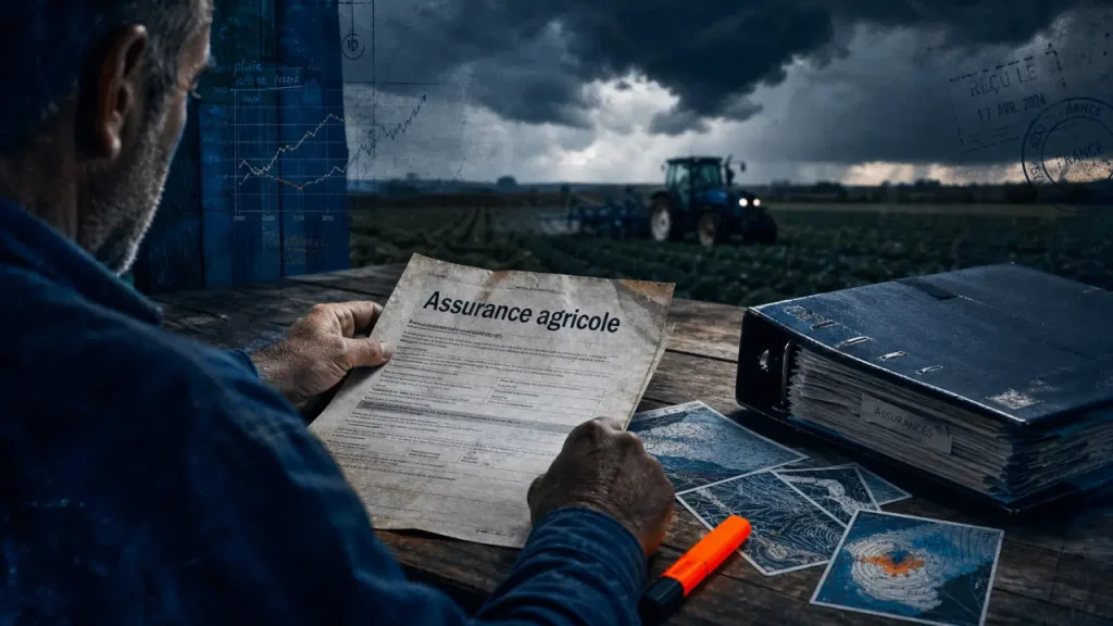 Assurance agricole : agriculteur vérifie un contrat avant signature, champs et récoltes en arrière-plan