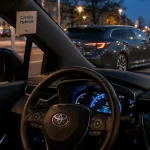 Avis Toyota Corolla hybride : Corolla break grise au crépuscule, tableau de bord visible