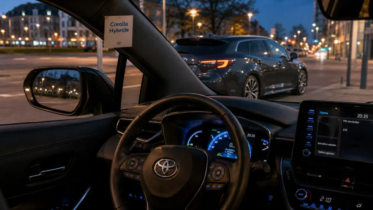 Avis Toyota Corolla hybride : Corolla break grise au crépuscule, tableau de bord visible