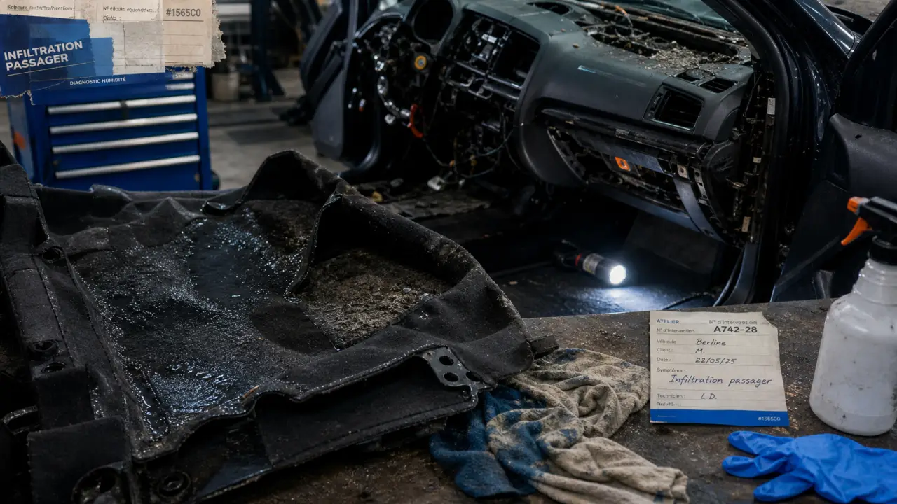 Eau qui rentre dans la voiture côté passager : moquette détrempée, joints et drains à vérifier