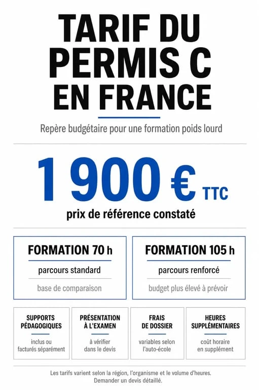 Tarif permis C : visuel comparatif des prix, durées et frais inclus pour le permis poids lourd