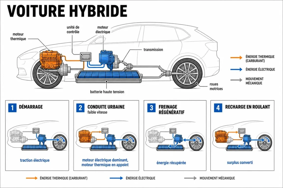 Schéma du fonctionnement voiture hybride avec moteur thermique, moteur électrique et batterie