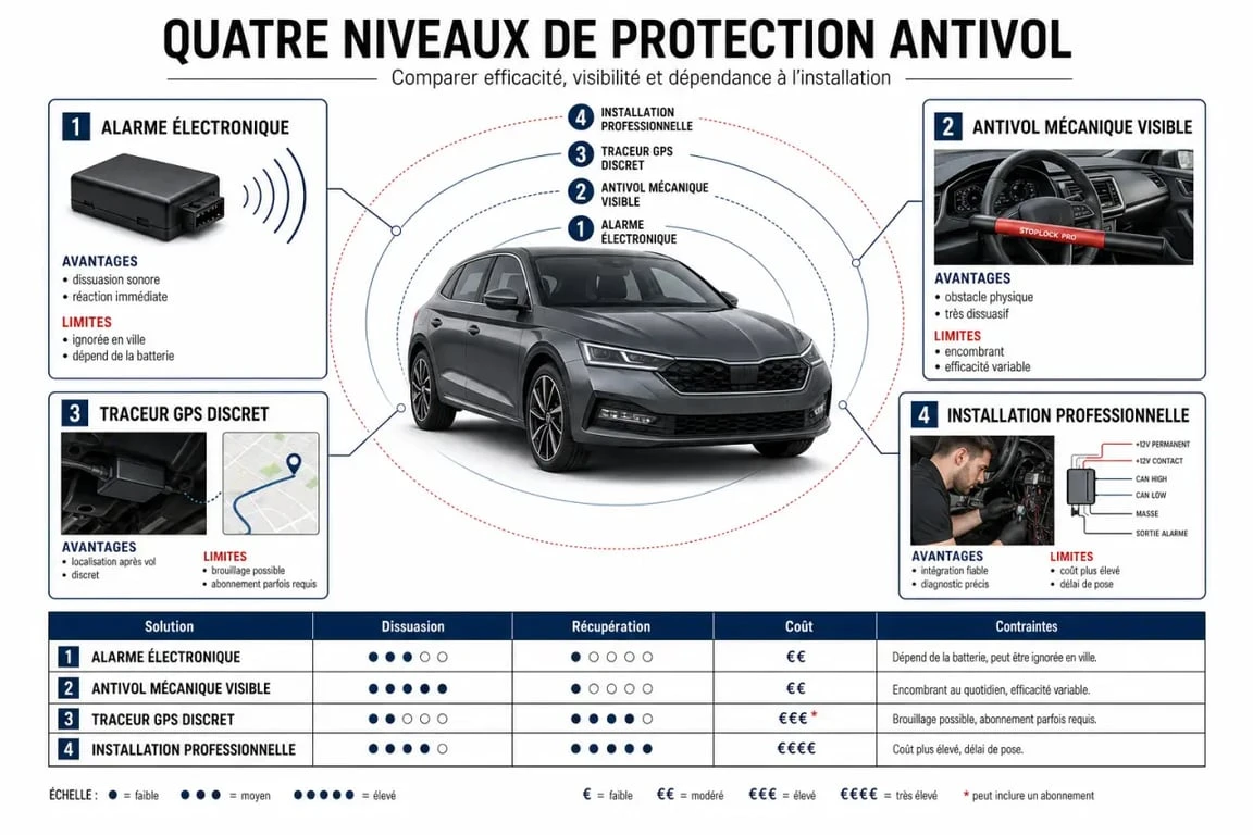 Alarme voiture : comparaison visuelle entre alarme électronique, antivol mécanique, traceur GPS et installation professionnelle