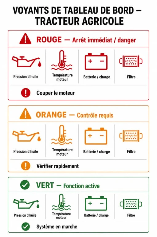 Infographie explicative sur la signification des voyants du tableau de bord d'un tracteur agricole