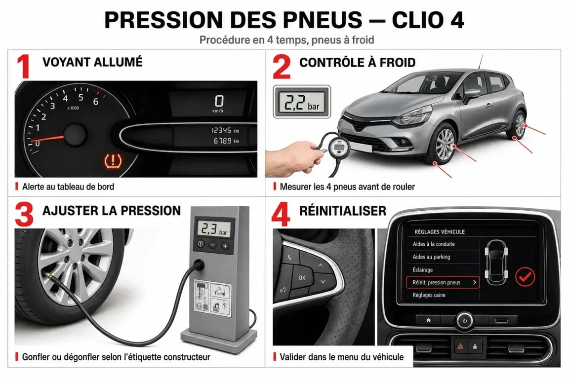 Voyant pression pneu clio 4 reste allumé : étapes de contrôle à froid et de réinitialisation
