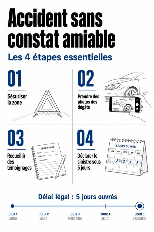 Infographie des étapes à suivre en cas d'accident sans constat amiable pour prouver sa bonne foi et obtenir une indemnisation.