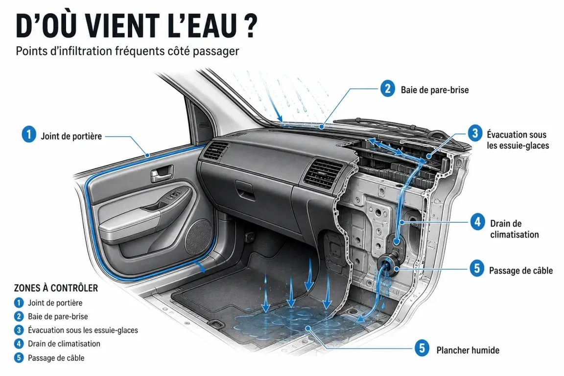 Eau qui rentre dans la voiture côté passager : schéma des principales zones de fuite et du cheminement de l'eau
