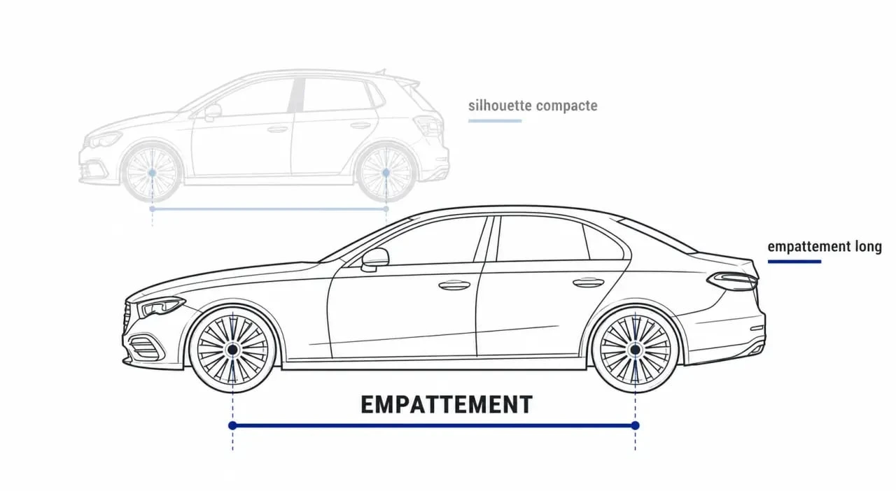Empattement voiture : schéma comparatif entre empattement court et empattement long
