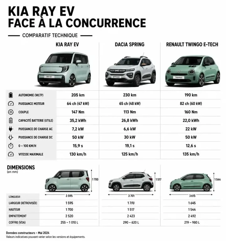 Comparatif technique Kia Ray EV, Dacia Spring et Renault Twingo E-Tech