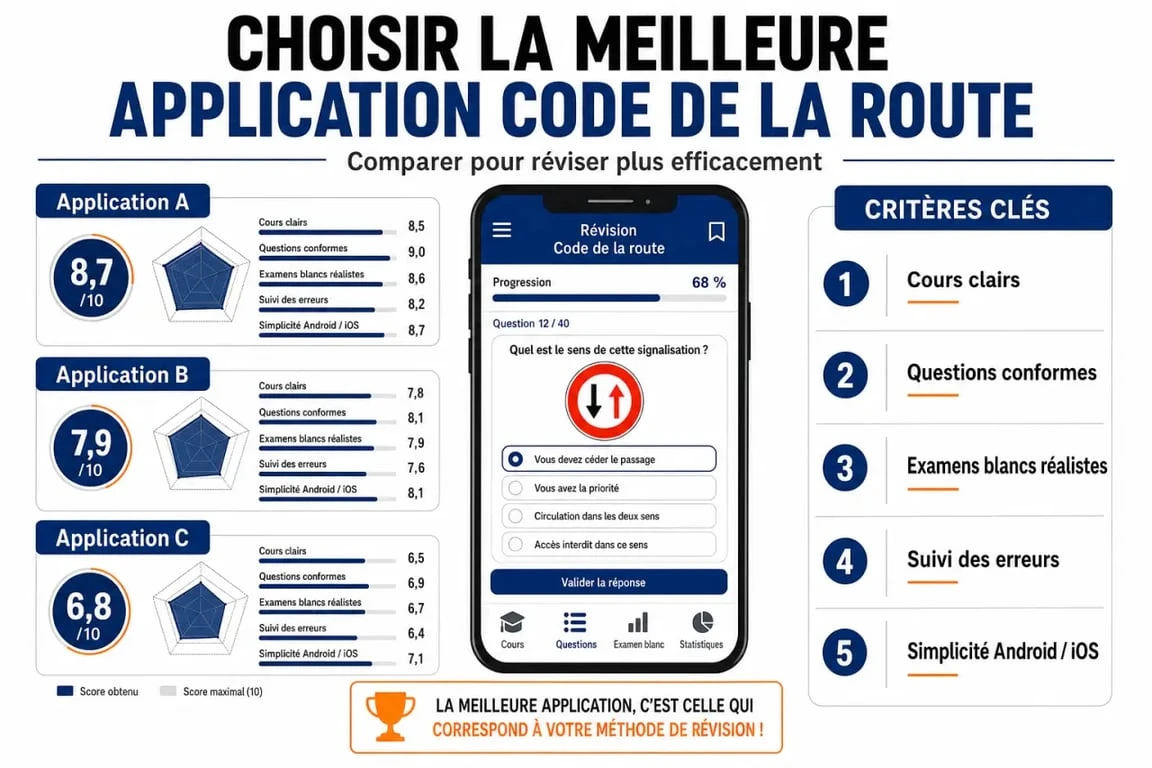 Meilleur application code de la route : comparaison visuelle des critères clés pour bien choisir