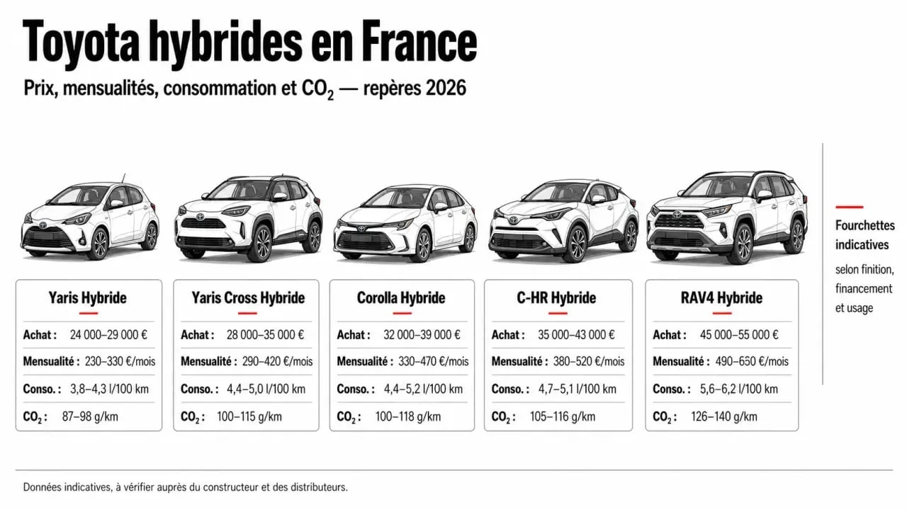 Toyota hybride prix : infographie éditoriale des fourchettes de tarifs, mensualités et consommation