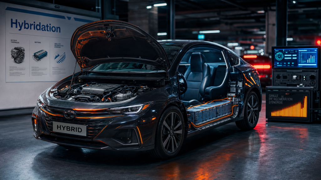 Fonctionnement voiture hybride : moteur thermique et batterie électrique visibles