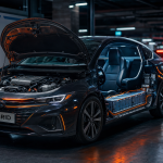 Fonctionnement voiture hybride : moteur thermique et batterie électrique visibles