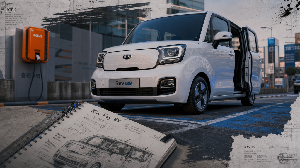 Kia Ray EV électrique urbaine, vue avant et porte coulissante ouverte