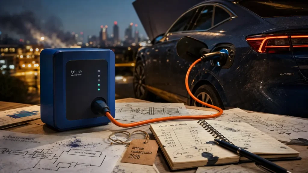 Meilleur hybride rechargeable : borne AC branchée sur voiture hybride rechargeable 2026