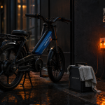 mobylette electrique rétrofit vintage sur trottoir urbain humide
