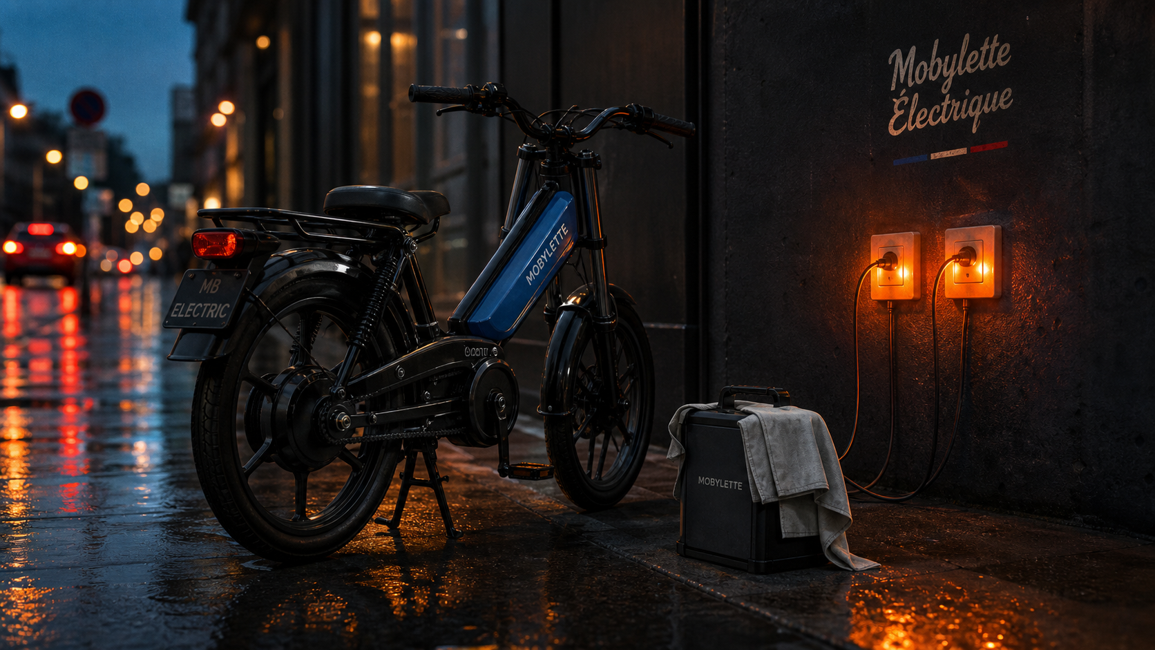 mobylette electrique rétrofit vintage sur trottoir urbain humide