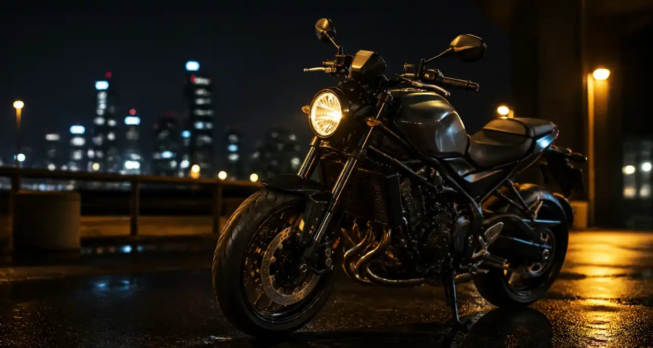 Moto roadster de nuit sur asphalte mouillé