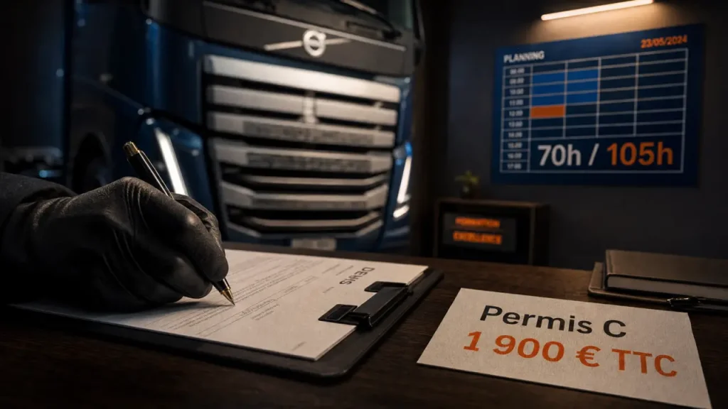 Tarif permis c 1 900 € TTC, 70 à 105 h de formation