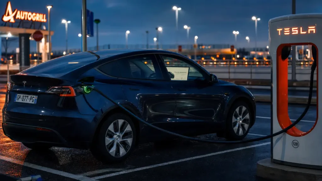 Tesla Model Y grande autonomie 657 km WLTP, recharge 250 kW, Superchargeur au crépuscule