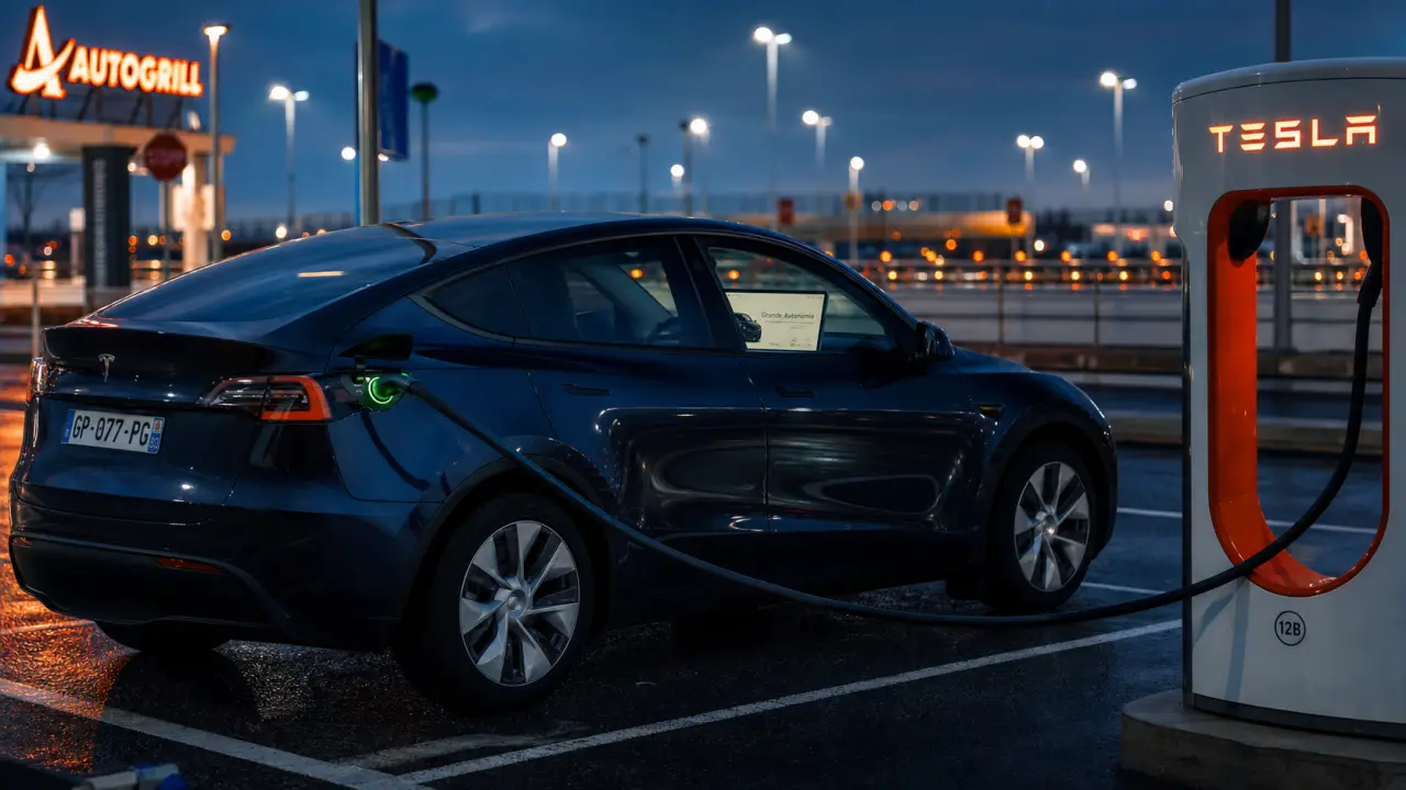 Tesla Model Y grande autonomie 657 km WLTP, recharge 250 kW, Superchargeur au crépuscule