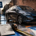 Voiture hybride meilleur rapport qualité-prix, citadine rechargeable en ville au sol mouillé