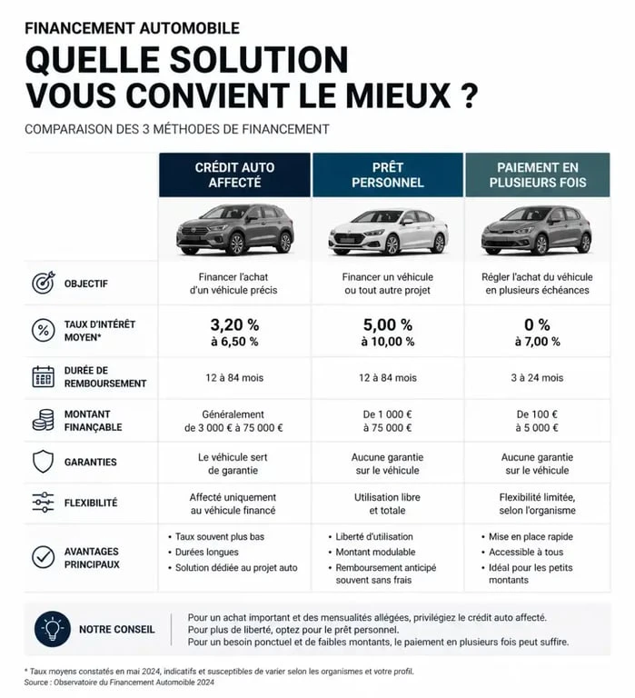 Infographie comparative des solutions pour payer une voiture en plusieurs fois