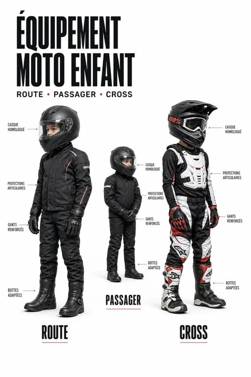 Équipement moto enfant : comparaison visuelle entre route, passager et cross