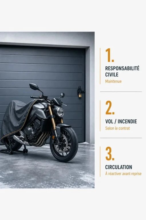 Hivernage moto assurance : synthèse visuelle des garanties maintenues et à réactiver pour une moto remisée