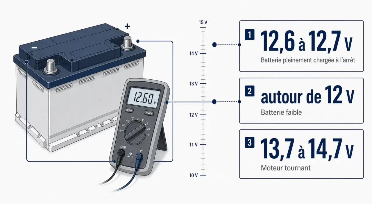 Volt batterie voiture : infographie des plages de tension normales et des seuils d’alerte