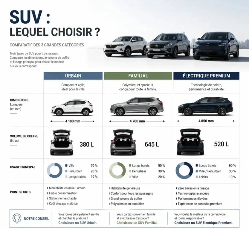 Infographie comparative des meilleurs SUV 2025 : urbain, familial et premium électrique