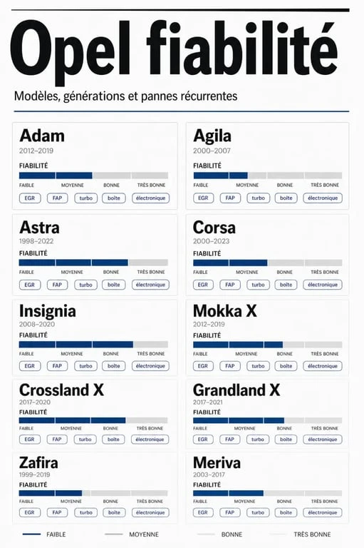 Opel fiabilité : visualisation éditoriale des modèles, pannes récurrentes et points à vérifier avant achat