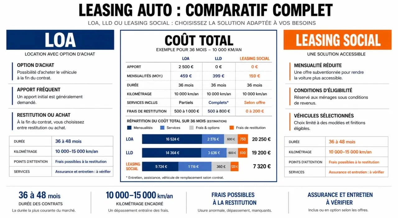 Infographie mon leasing auto comparant LOA, LLD et leasing social avec coût total et critères clés