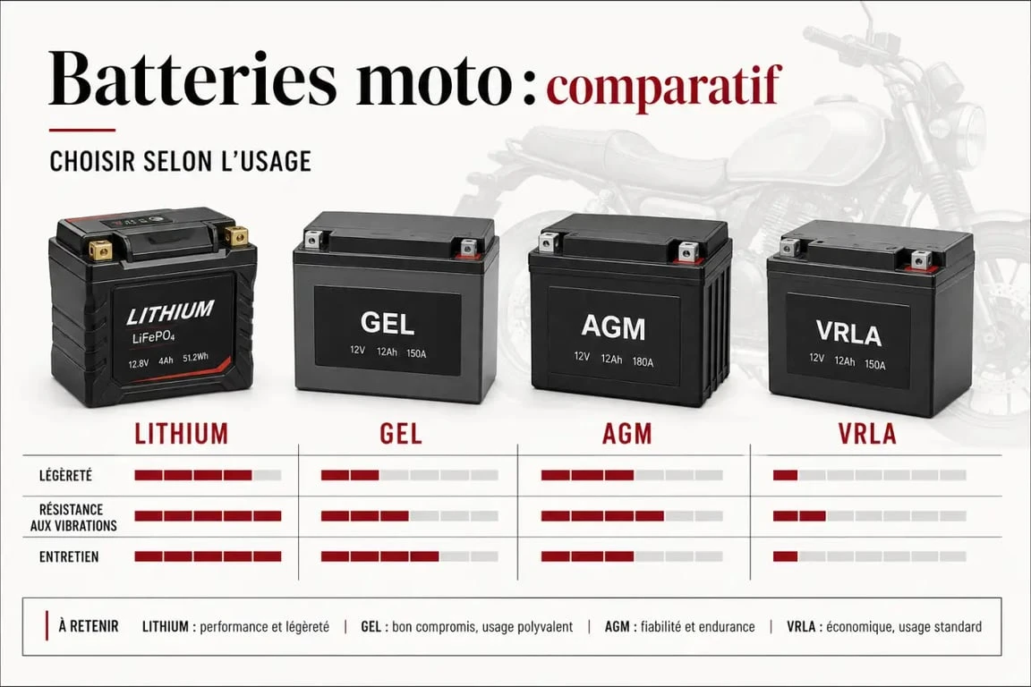 batterie moto feu vert : comparaison visuelle des technologies lithium, gel, AGM et VRLA