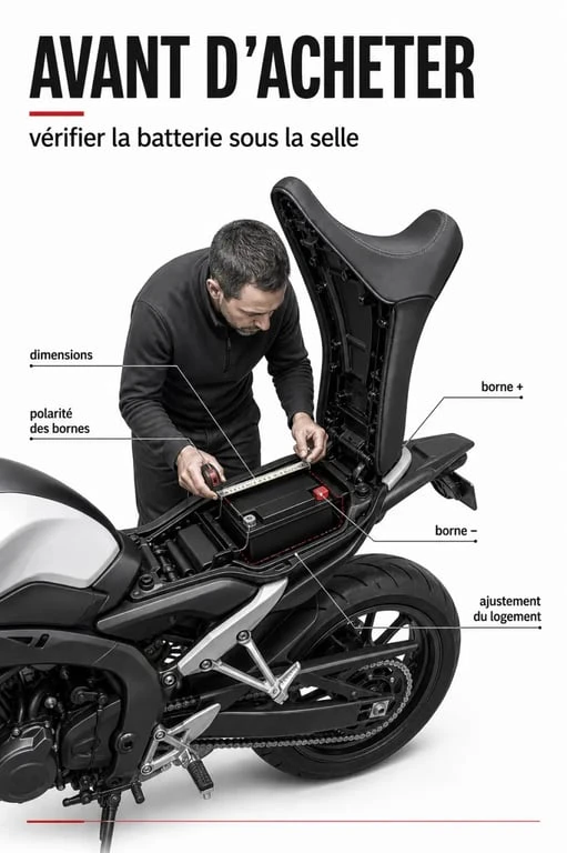 batterie moto feu vert : vérification des dimensions et de la polarité sous la selle