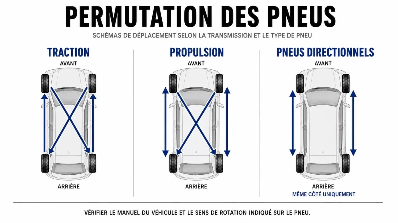 Schéma de permutation pneus sur une voiture avec flèches de rotation entre les essieux