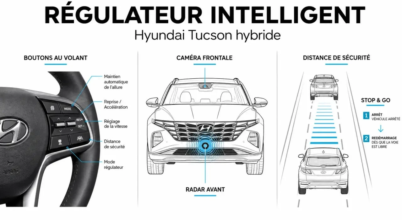 Schéma du régulateur intelligent sur tucson hybride montrant les commandes au volant, le radar et la distance de sécurité