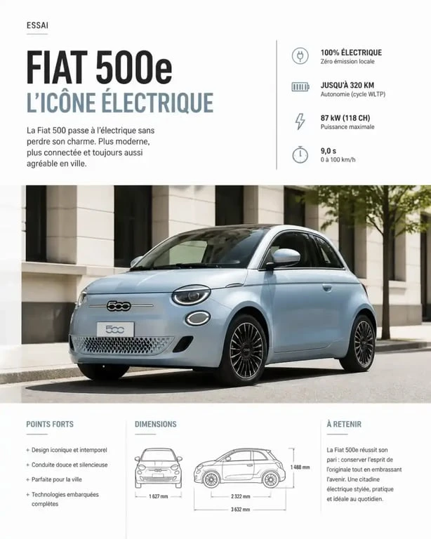 Fiat 500 électrique moderne en ville pour un projet de Fiat 500 auto leasing